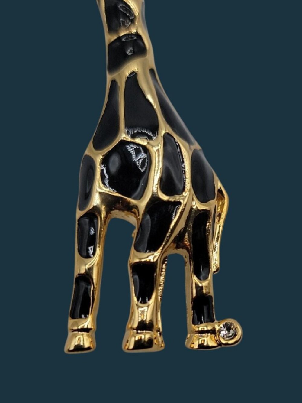 Giraffe Brooch Pin Gold Tone Black Enamel Spots Green Rhinestone Eye - Picture 11 of 11